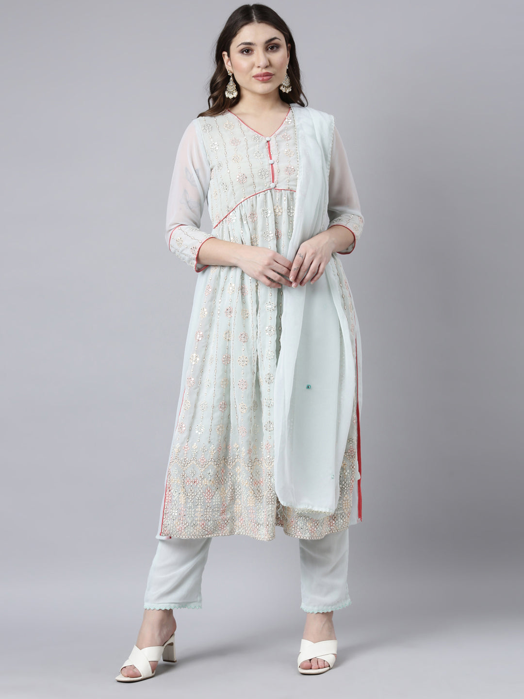 Neerus Green Regular Straight Floral Kurta And Trousers With Dupatta