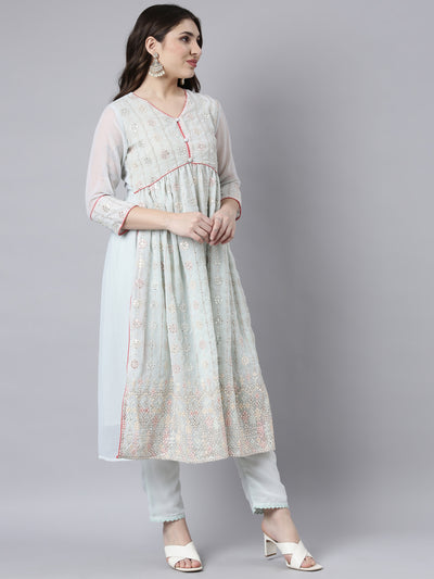 Neerus Green Regular Straight Floral Kurta And Trousers With Dupatta