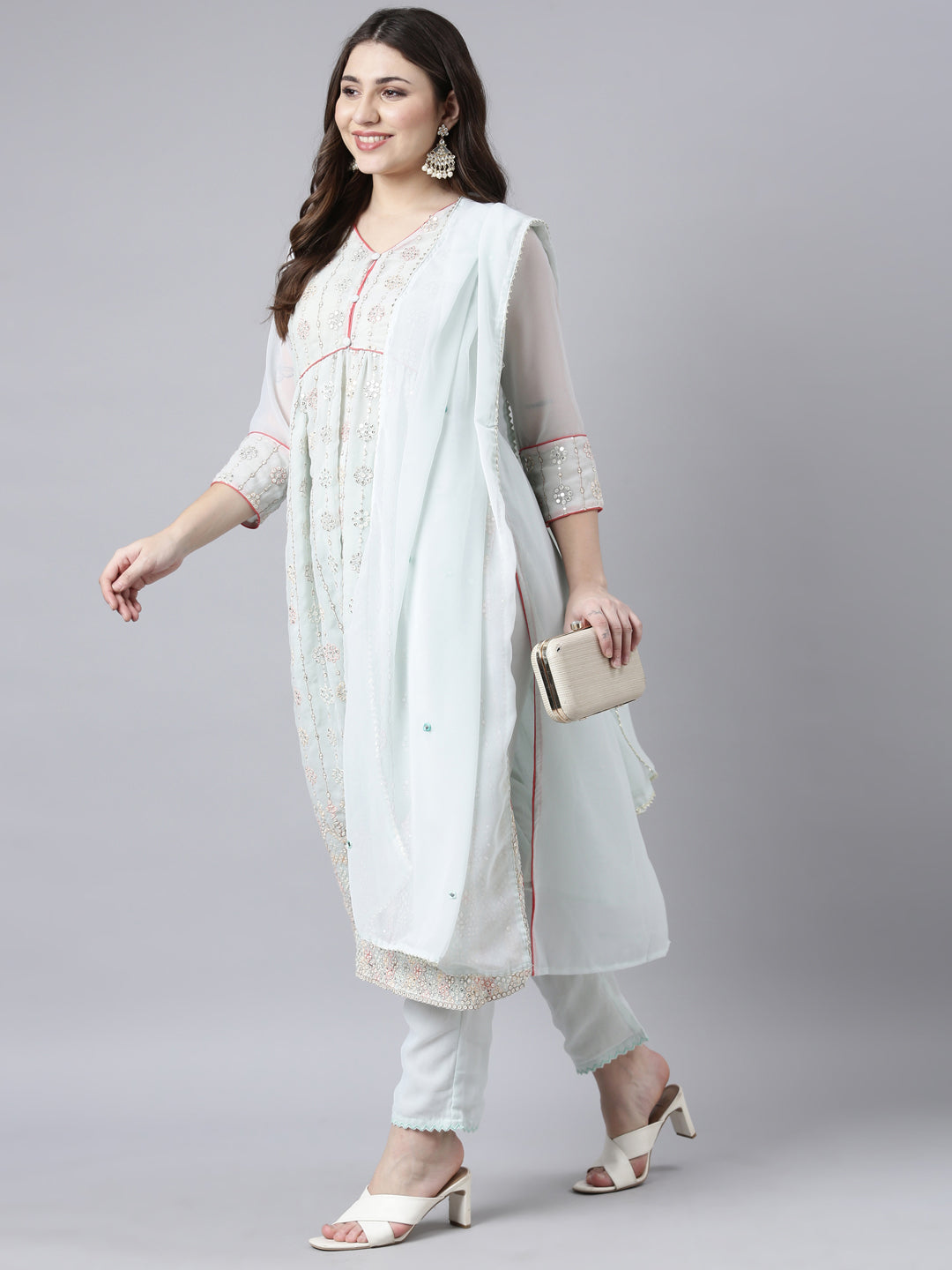 Neerus Green Regular Straight Floral Kurta And Trousers With Dupatta