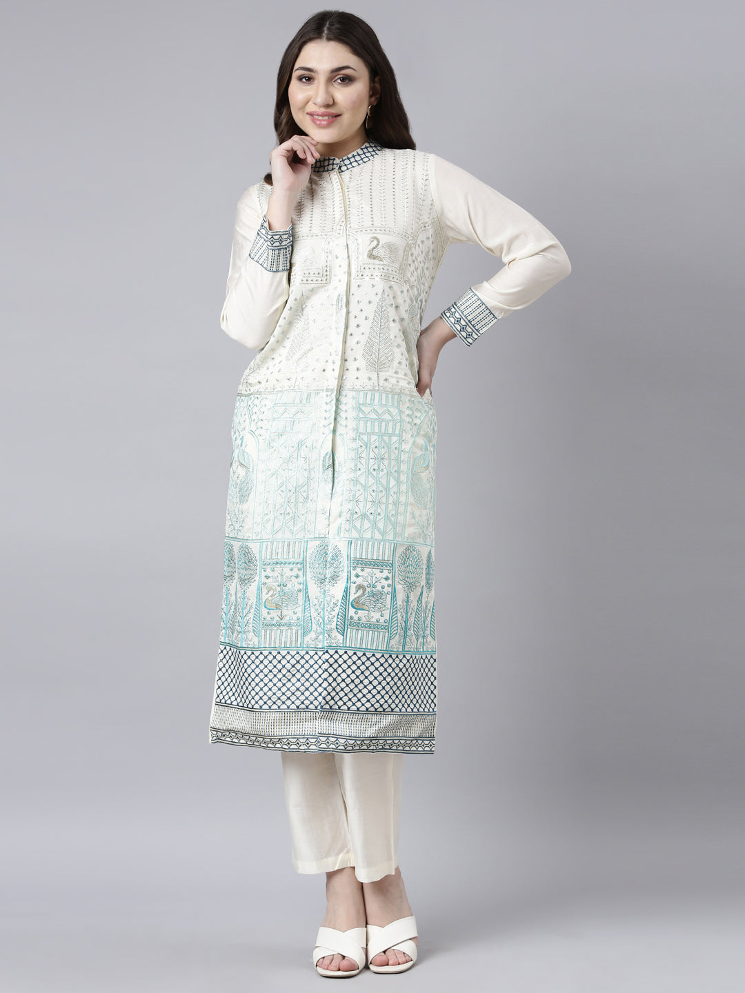 Neerus Cream Regular Straight Animal Kurta And Trousers