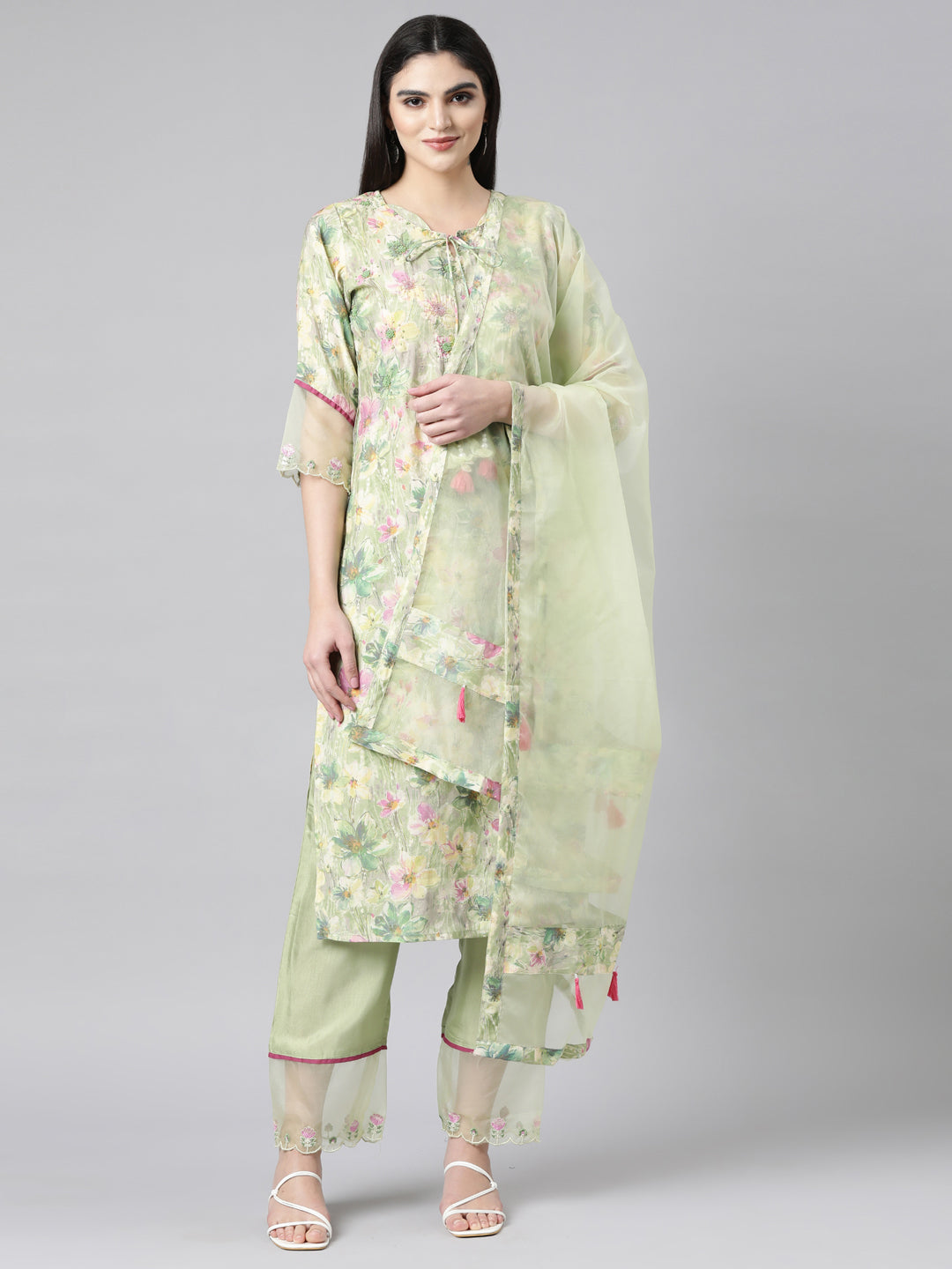 Neerus Green Regular Straight Floral Kurta And Trousers With Dupatta