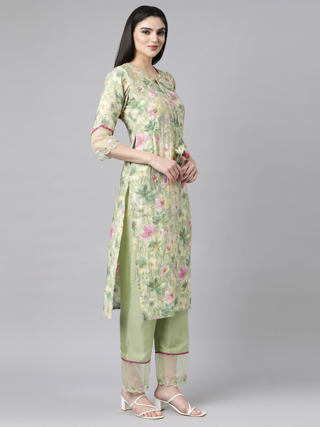 Neerus Green Regular Straight Floral Kurta And Trousers With Dupatta