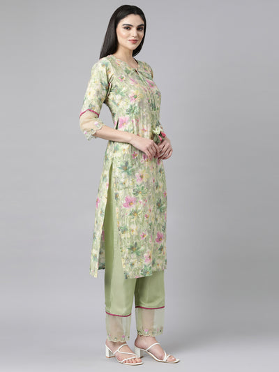 Neerus Green Regular Straight Floral Kurta And Trousers With Dupatta