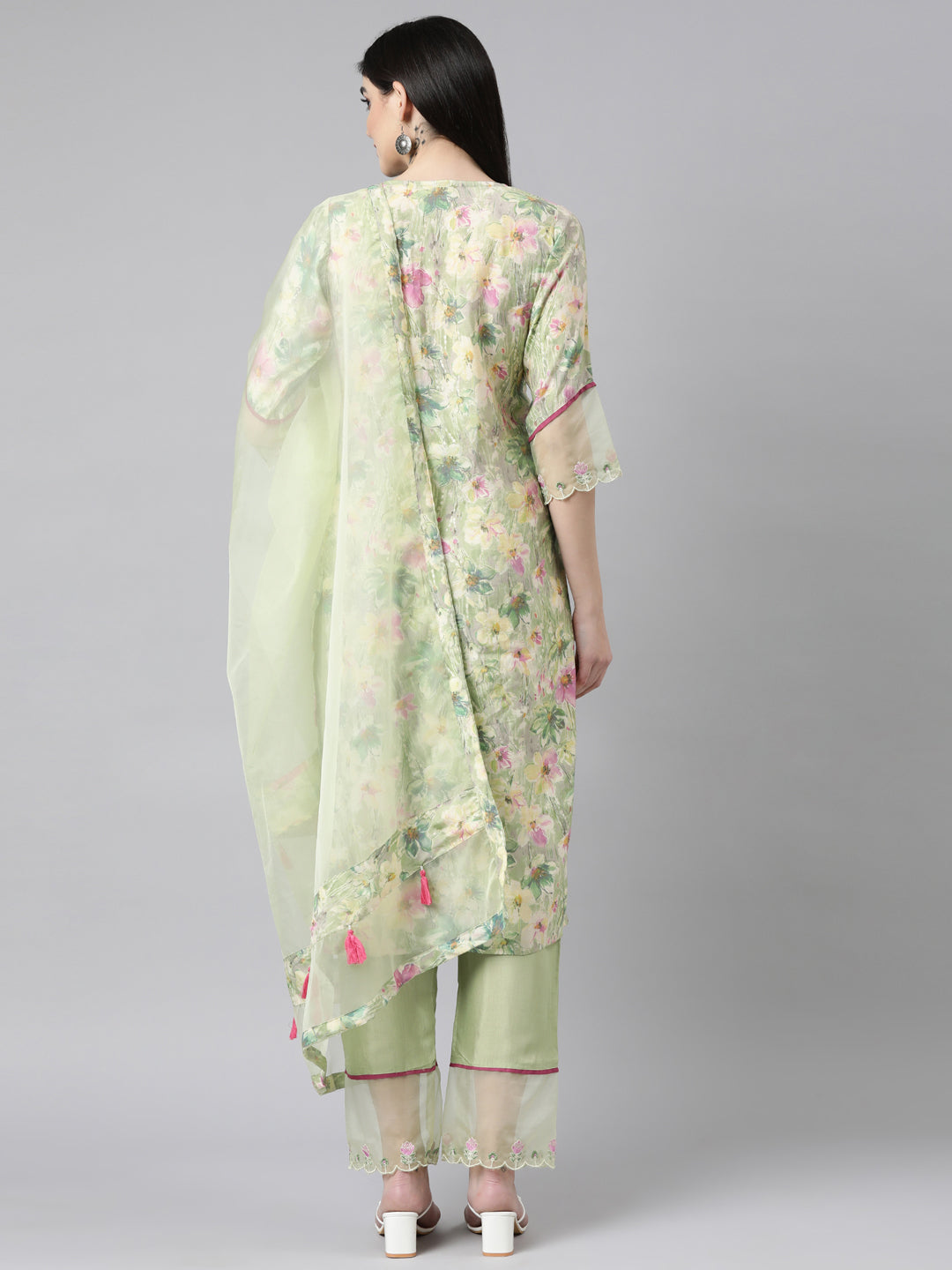 Neerus Green Regular Straight Floral Kurta And Trousers With Dupatta