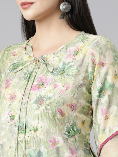 Neerus Green Regular Straight Floral Kurta And Trousers With Dupatta