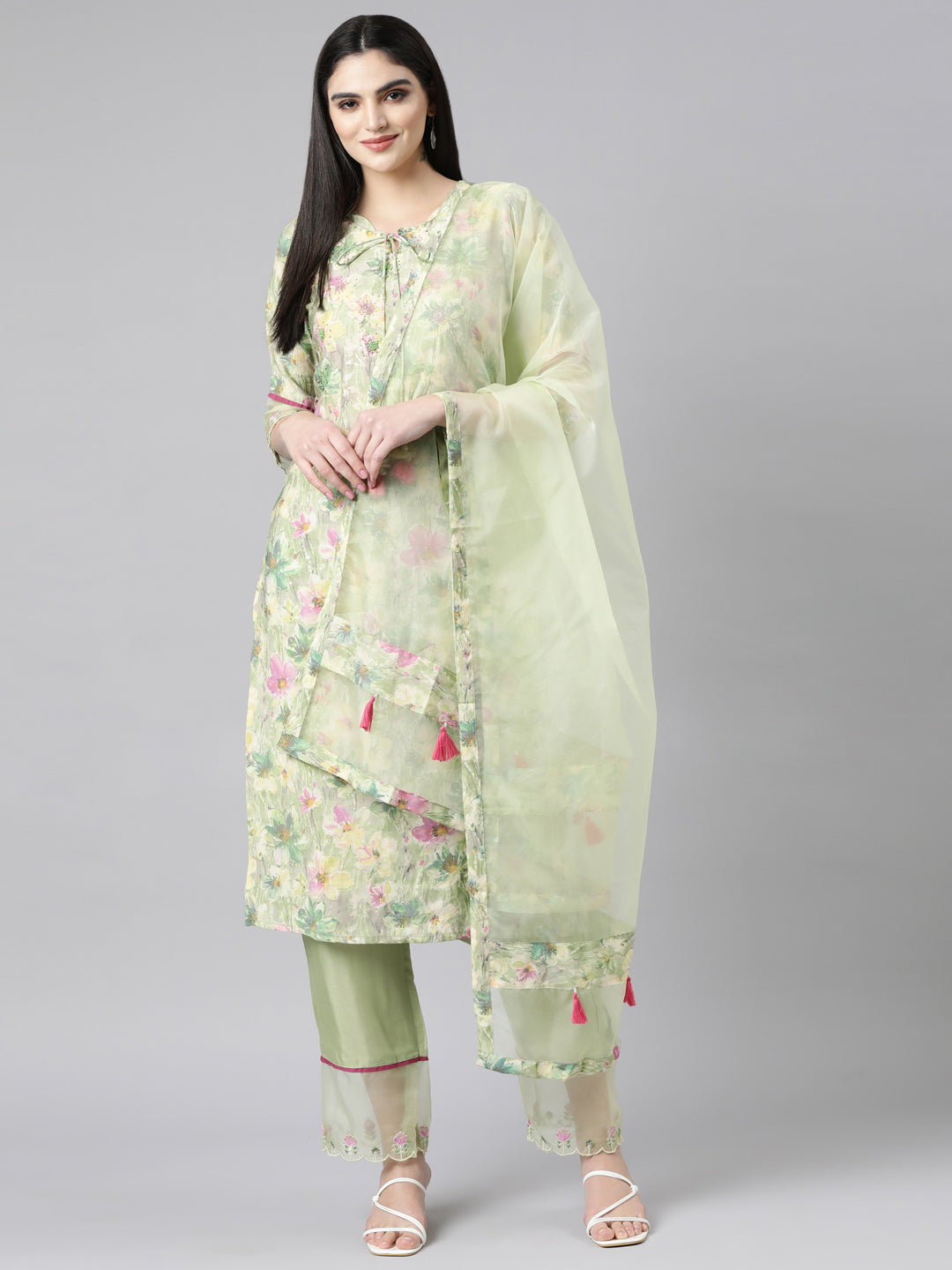 Neerus Green Regular Straight Floral Kurta And Trousers With Dupatta