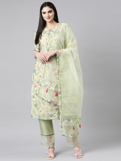 Neerus Green Regular Straight Floral Kurta And Trousers With Dupatta