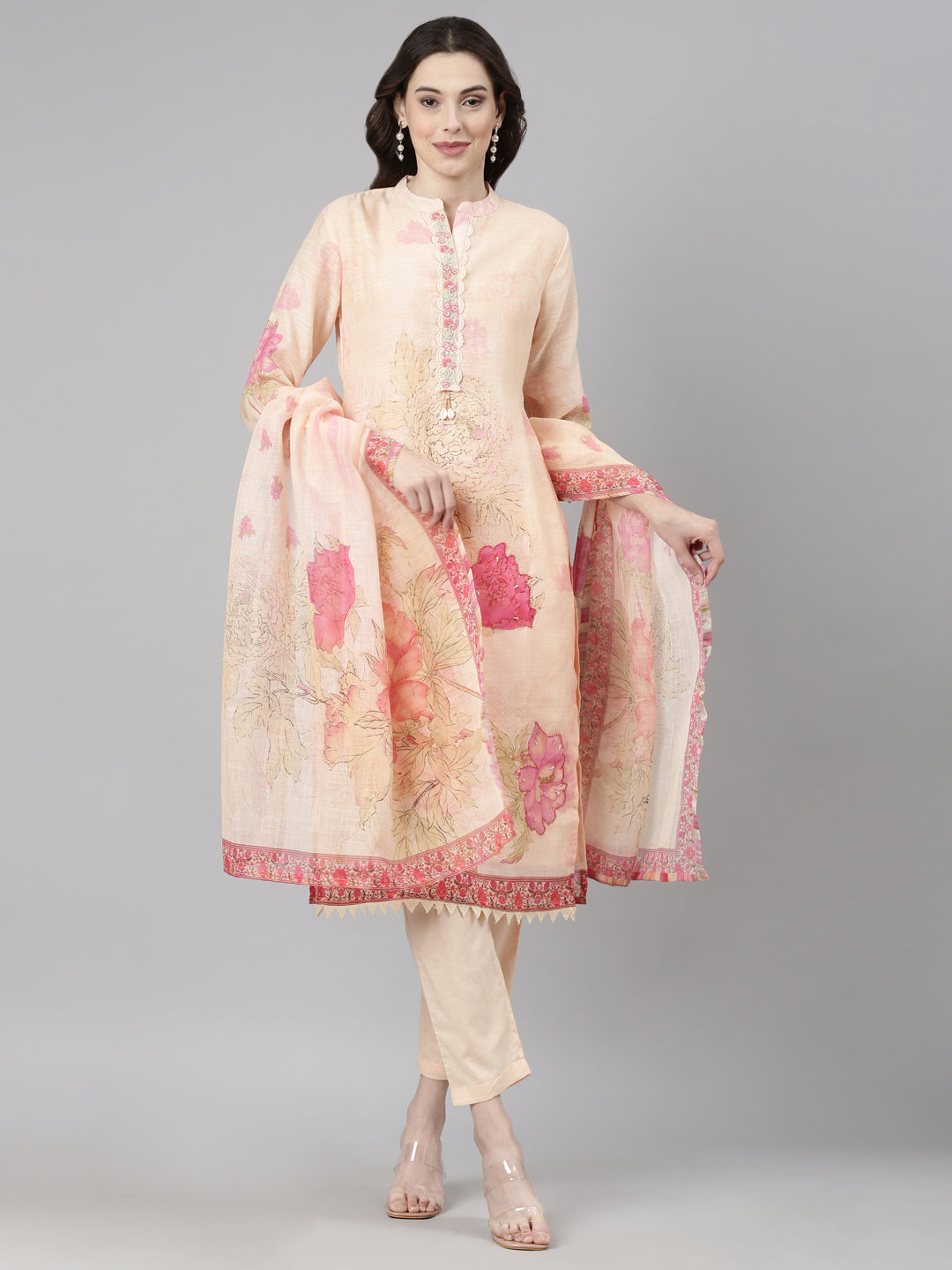 Neerus Peach Casual Floral Straight Kurta and Trousers With Dupatta