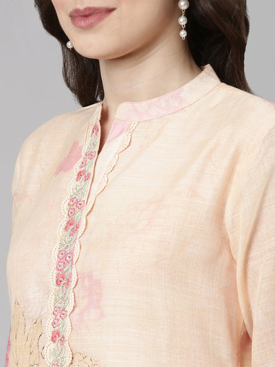 Neerus Peach Casual Floral Straight Kurta and Trousers With Dupatta