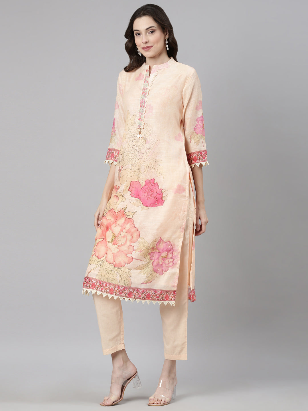 Neerus Peach Casual Floral Straight Kurta and Trousers With Dupatta