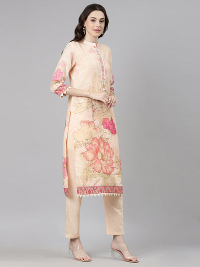 Neerus Peach Casual Floral Straight Kurta and Trousers With Dupatta