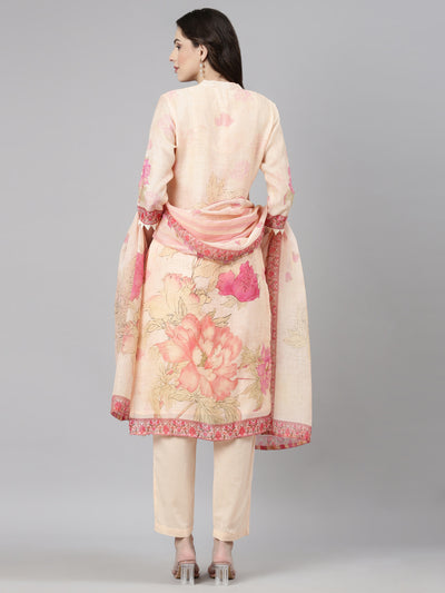 Neerus Peach Casual Floral Straight Kurta and Trousers With Dupatta