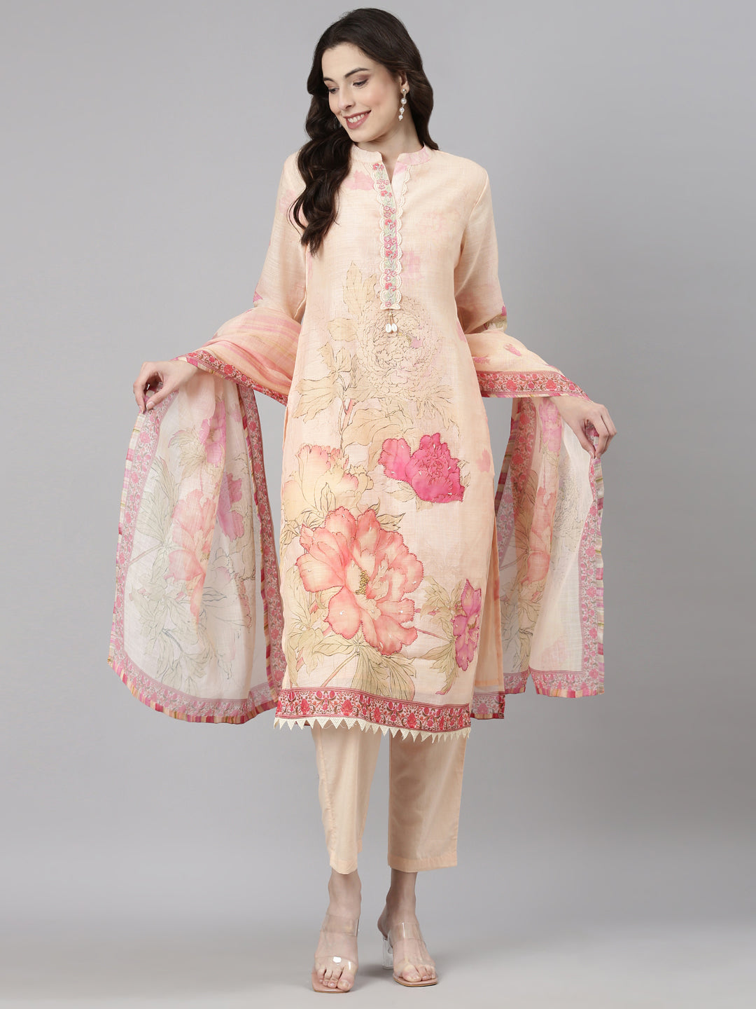 Neerus Peach Casual Floral Straight Kurta and Trousers With Dupatta