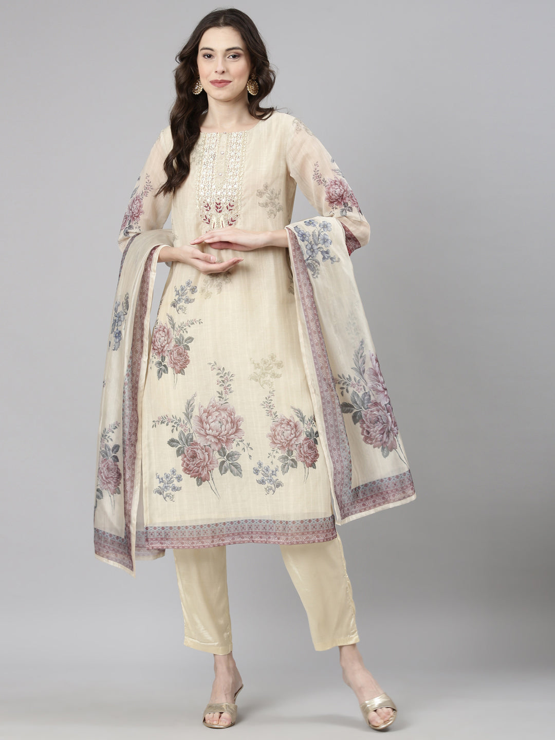 Neerus Cream Casual Floral Straight Kurta and Trousers With Dupatta