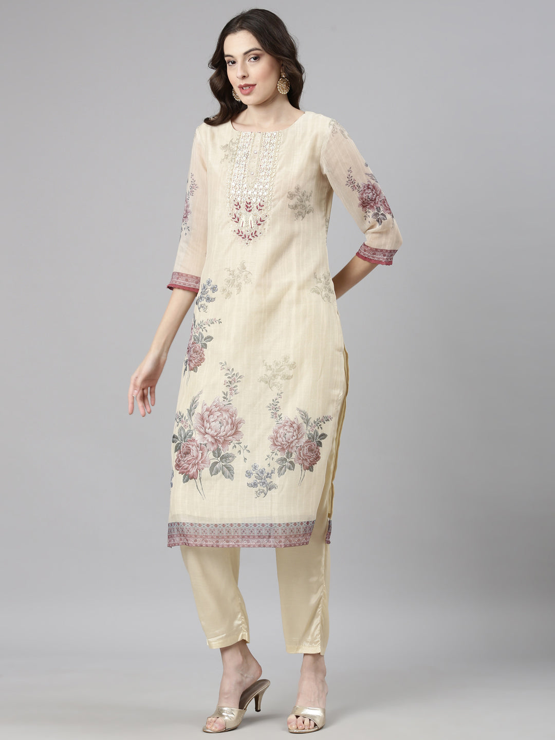 Neerus Cream Casual Floral Straight Kurta and Trousers With Dupatta