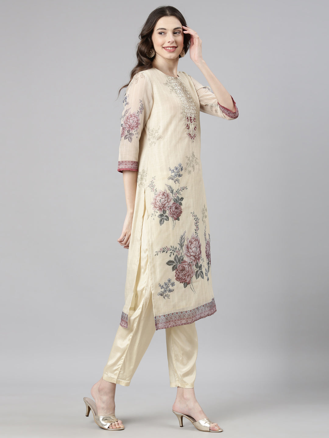 Neerus Cream Casual Floral Straight Kurta and Trousers With Dupatta