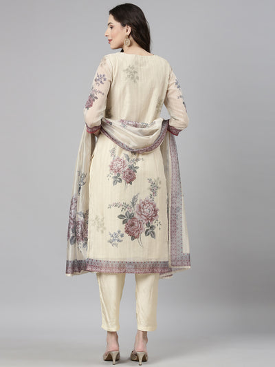 Neerus Cream Casual Floral Straight Kurta and Trousers With Dupatta