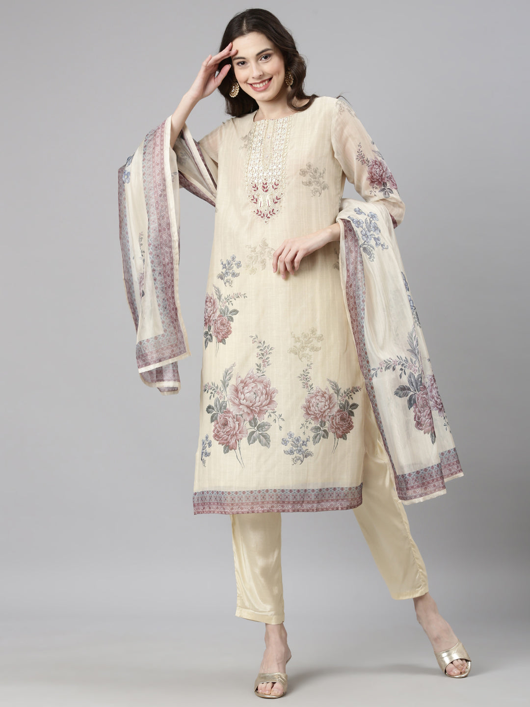 Neerus Cream Casual Floral Straight Kurta and Trousers With Dupatta