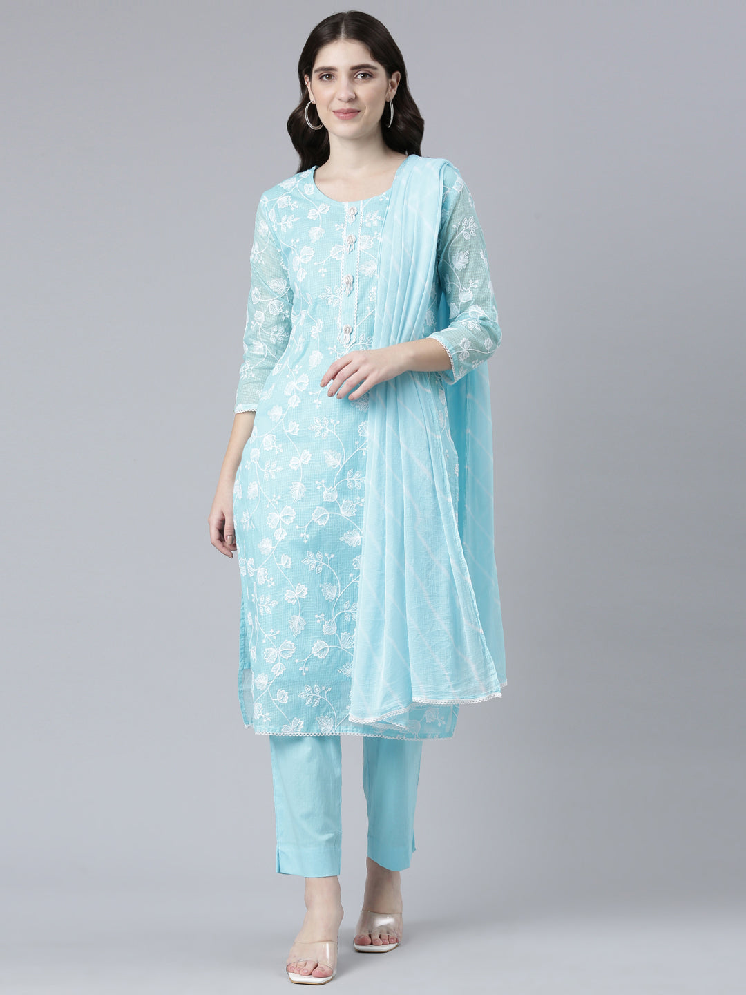 Neeru's Blue Regular Straight Embroidered Kurta And Trousers With Dupatta