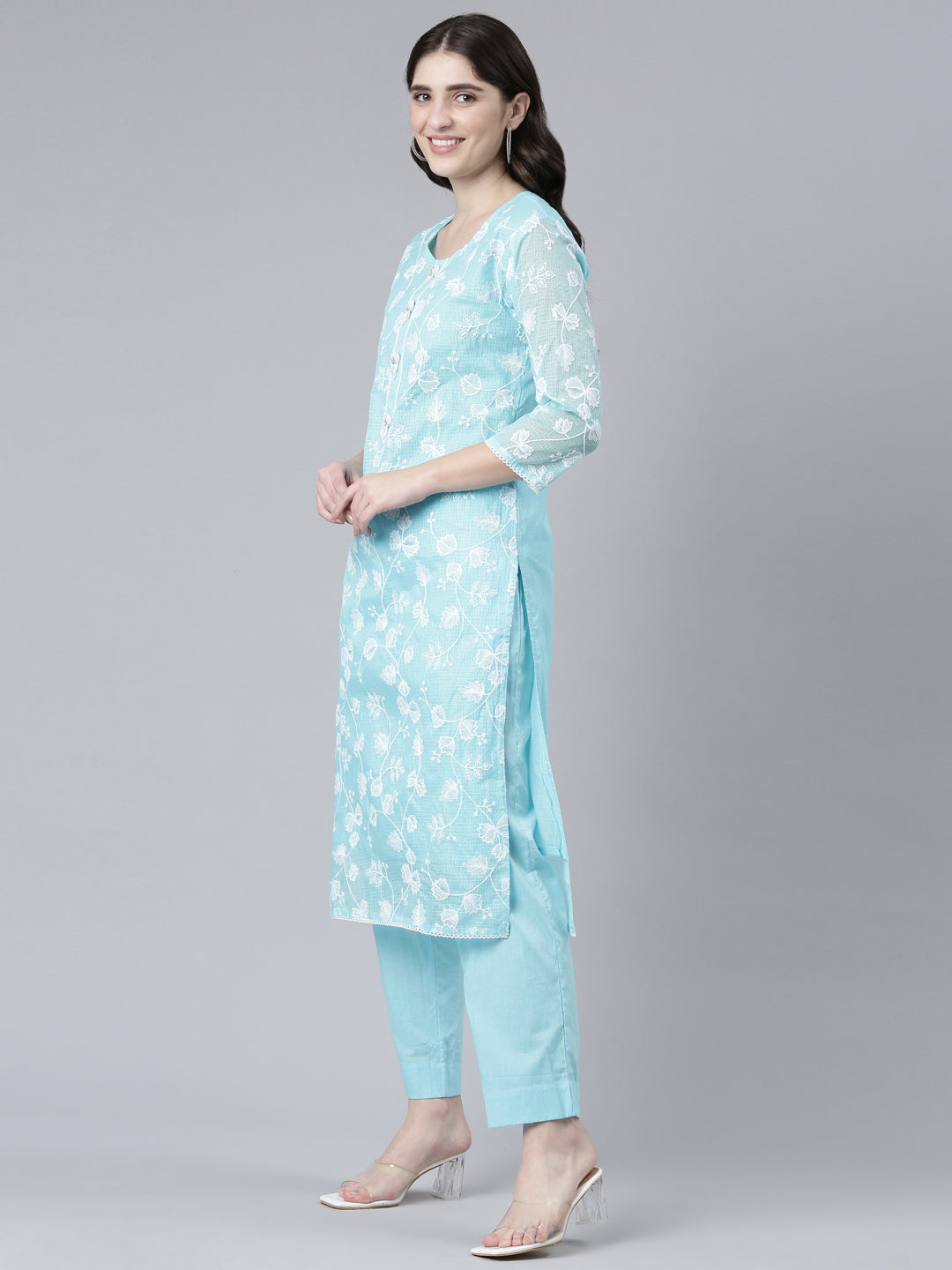 Neeru's Blue Regular Straight Embroidered Kurta And Trousers With Dupatta