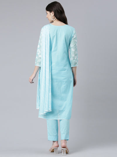 Neeru's Blue Regular Straight Embroidered Kurta And Trousers With Dupatta