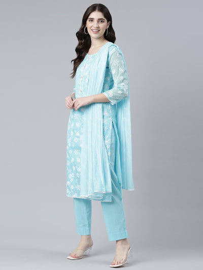 Neeru's Blue Regular Straight Embroidered Kurta And Trousers With Dupatta