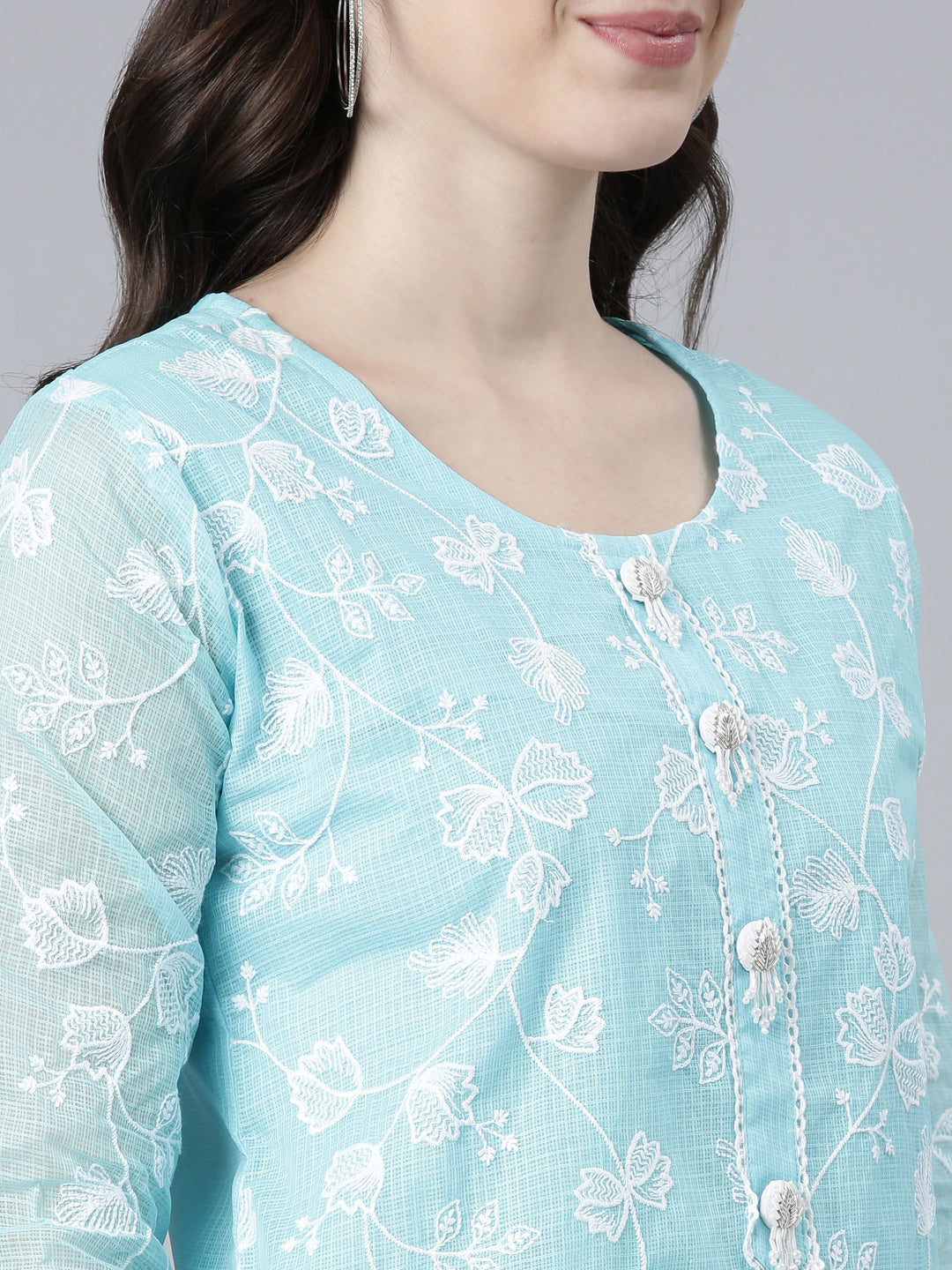 Neeru's Blue Regular Straight Embroidered Kurta And Trousers With Dupatta