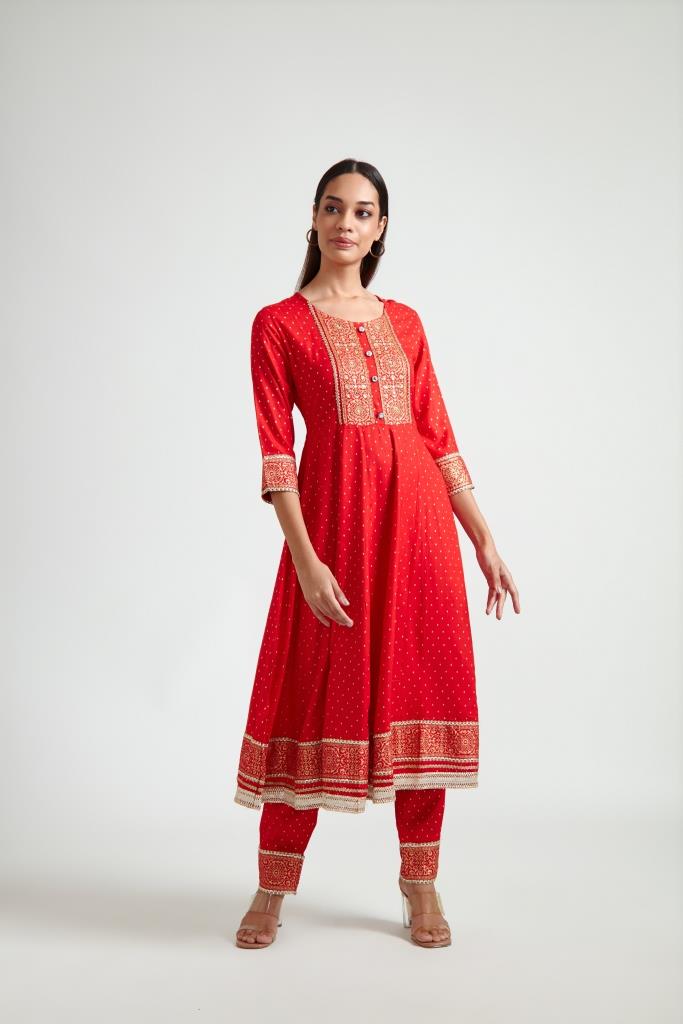 Neerus Women Red Ethnic Motifs Printed Kurta with Trousers  With Dupatta