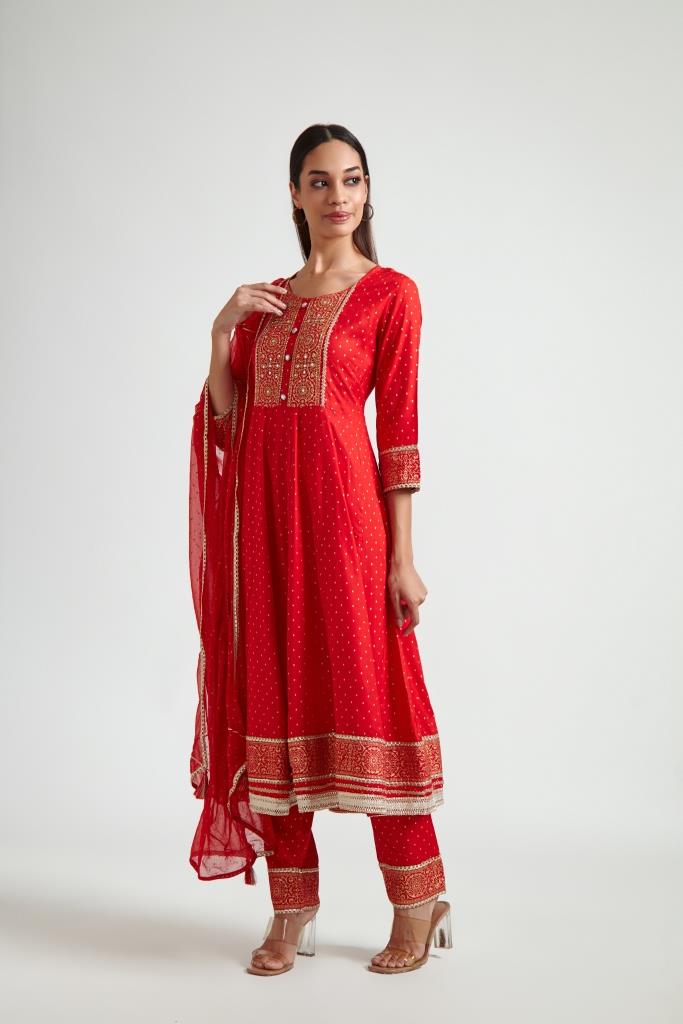 Neerus Women Red Ethnic Motifs Printed Kurta with Trousers  With Dupatta