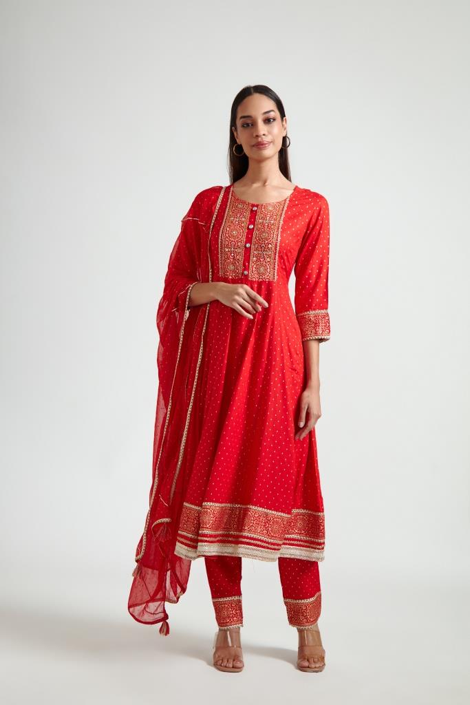 Neerus Women Red Ethnic Motifs Printed Kurta with Trousers  With Dupatta