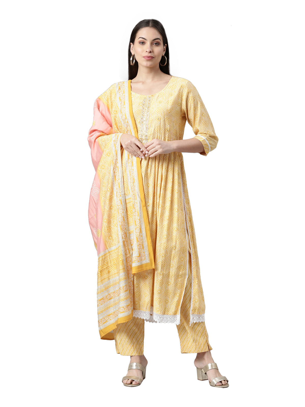 Neerus Women Yellow Printed Pleated Kurta with Trouser  With Dupatta Set