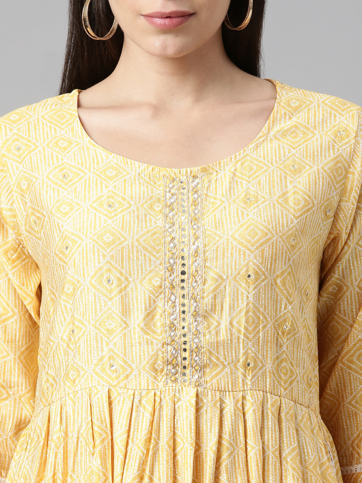 Neerus Women Yellow Printed Pleated Kurta with Trouser  With Dupatta Set