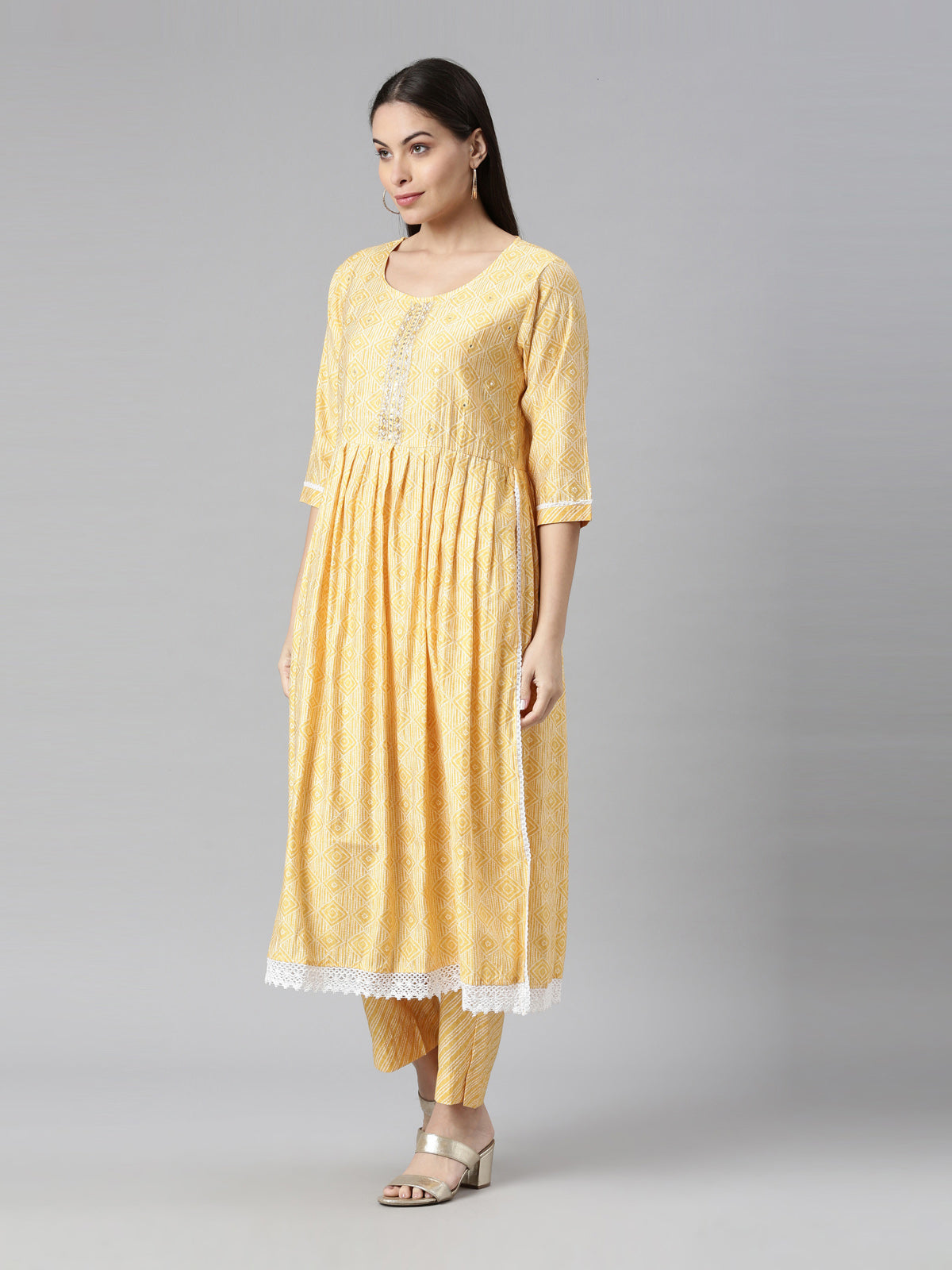 Neerus Women Yellow Printed Pleated Kurta with Trouser  With Dupatta Set