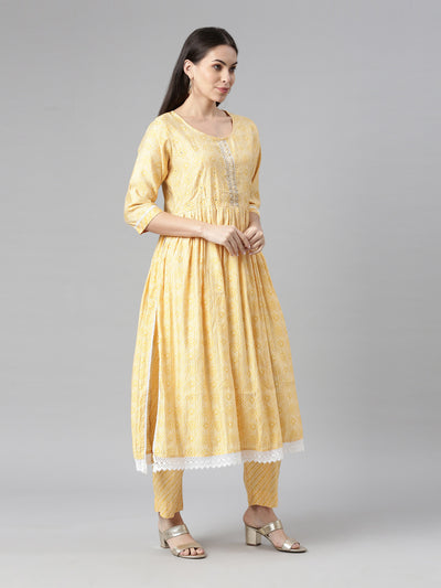 Neerus Women Yellow Printed Pleated Kurta with Trouser  With Dupatta Set