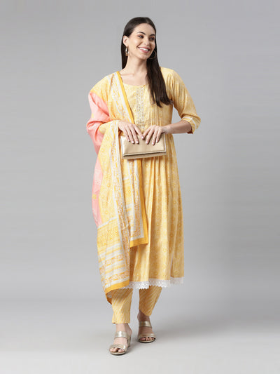 Neerus Women Yellow Printed Pleated Kurta with Trouser  With Dupatta Set