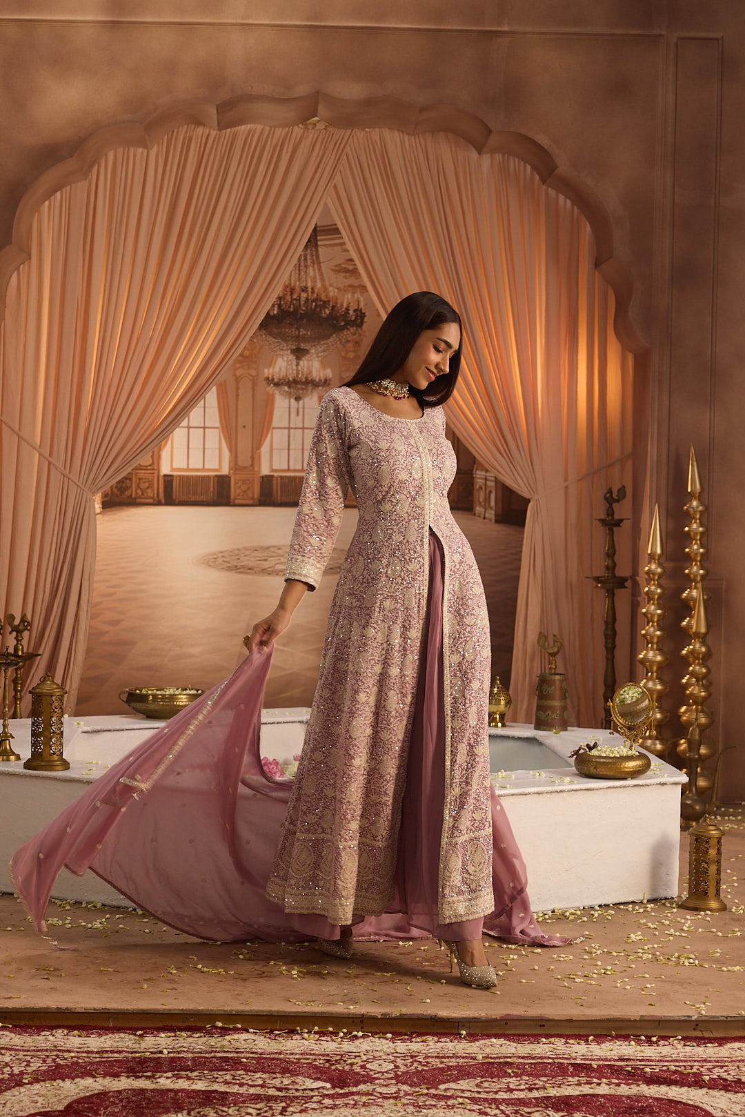 Neerus Lilac Embroidery Georgette Fabric Kurta Plazzo and Dupatta