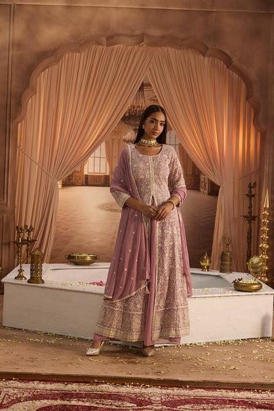 Neerus Lilac Embroidery Georgette Fabric Kurta Plazzo and Dupatta