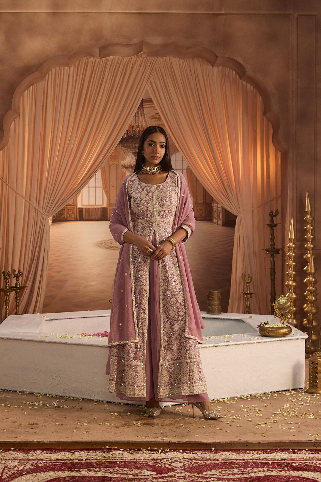 Neerus Lilac Embroidery Georgette Fabric Kurta Plazzo and Dupatta