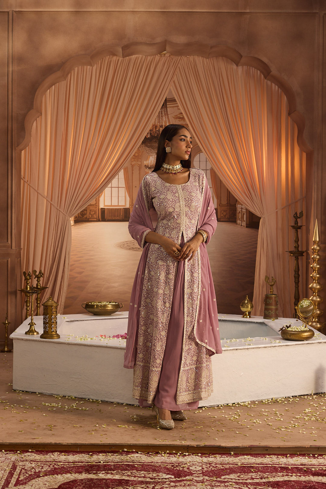 Neerus Lilac Embroidery Georgette Fabric Kurta Plazzo and Dupatta