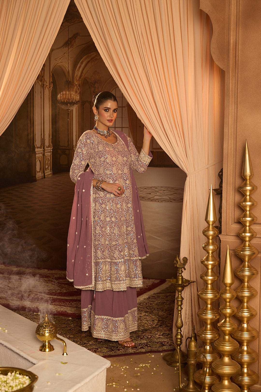 Neerus Lilac Embroidery Georgette Fabric Anarkali and Plazzo with Dupatta