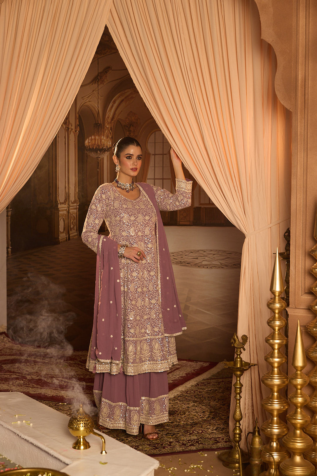 Neerus Lilac Embroidery Georgette Fabric Anarkali and Plazzo with Dupatta