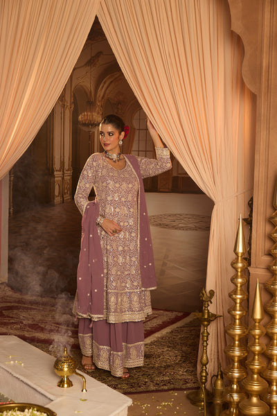 Neerus Lilac Embroidery Georgette Fabric Anarkali and Plazzo with Dupatta