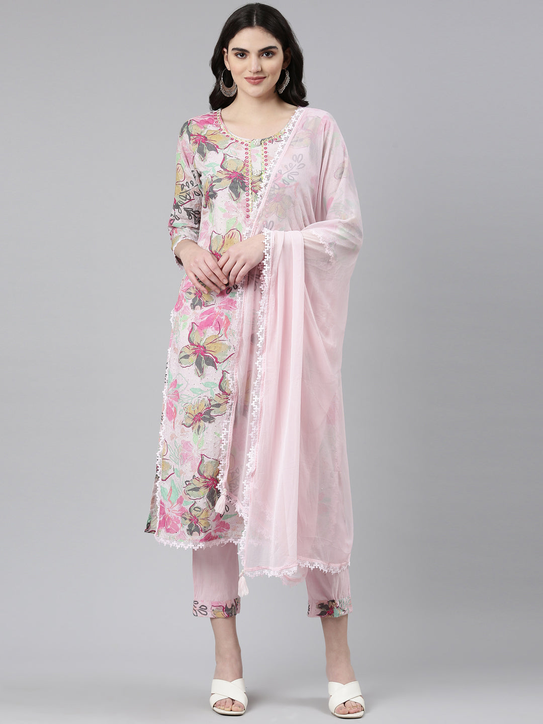 Neeru's Pink Regular Straight Printed Kurta And Trousers With Dupatta