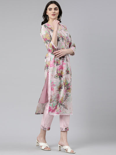 Neeru's Pink Regular Straight Printed Kurta And Trousers With Dupatta