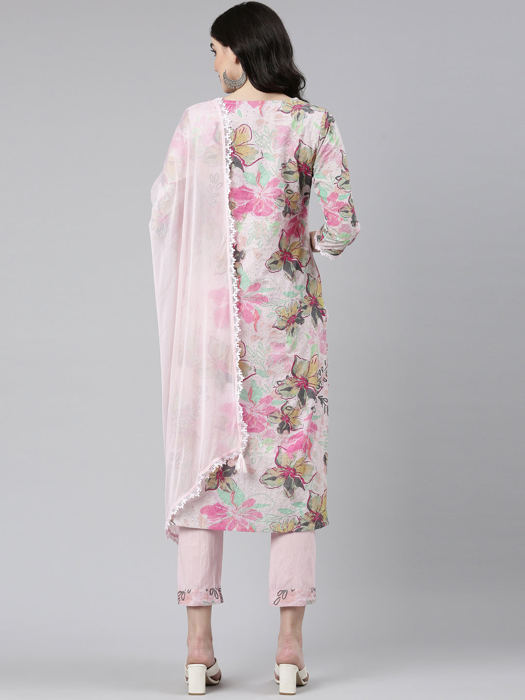 Neeru's Pink Regular Straight Printed Kurta And Trousers With Dupatta