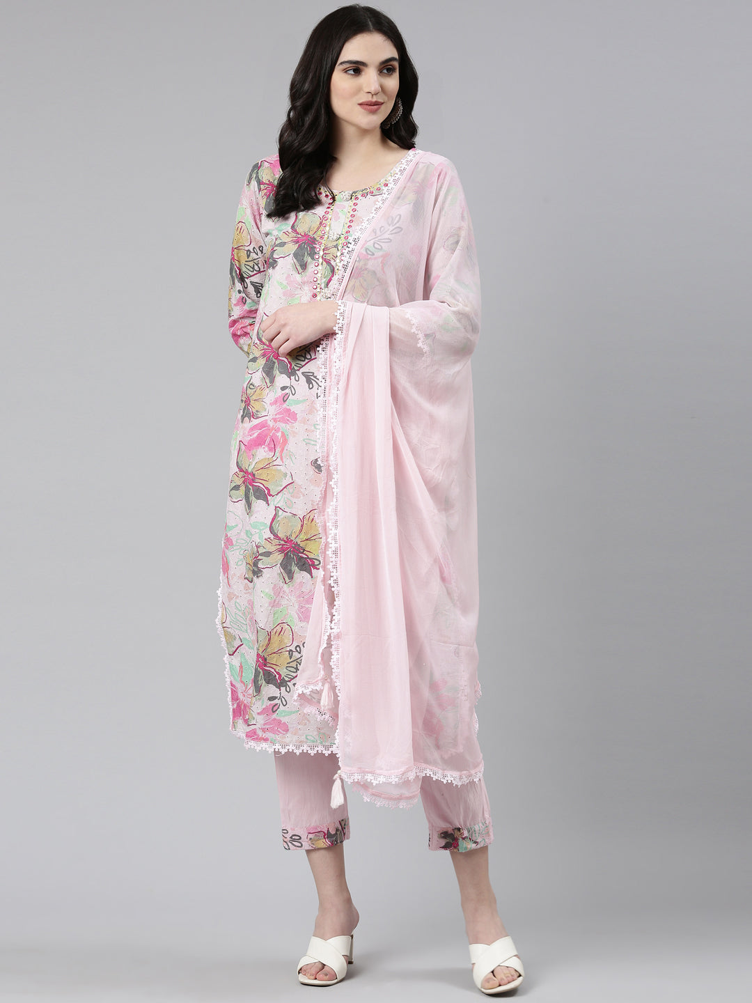 Neeru's Pink Regular Straight Printed Kurta And Trousers With Dupatta