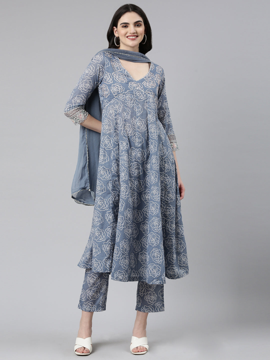 Neeru's Grey Regular Anarkali Printed Kurta And Trousers With Dupatta