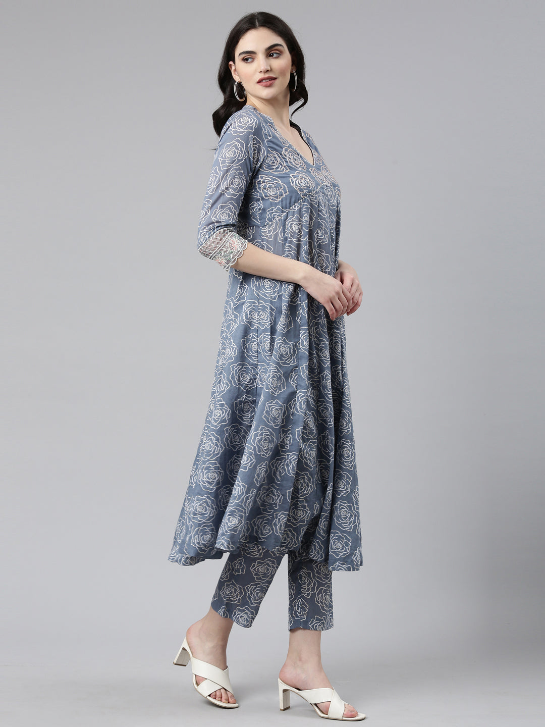 Neeru's Grey Regular Anarkali Printed Kurta And Trousers With Dupatta