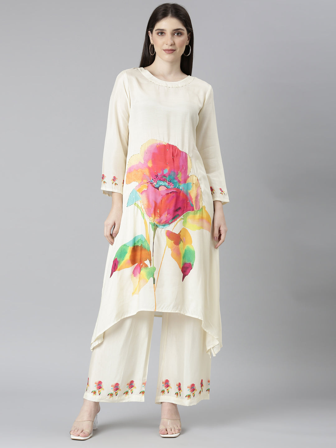 Neeru's Cream Regular Straight Floral Kurta And Palazzos