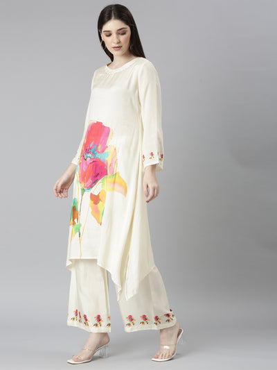 Neeru's Cream Regular Straight Floral Kurta And Palazzos